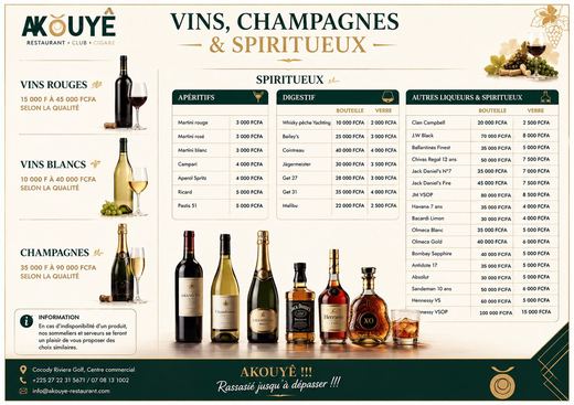 Wine and spirits list